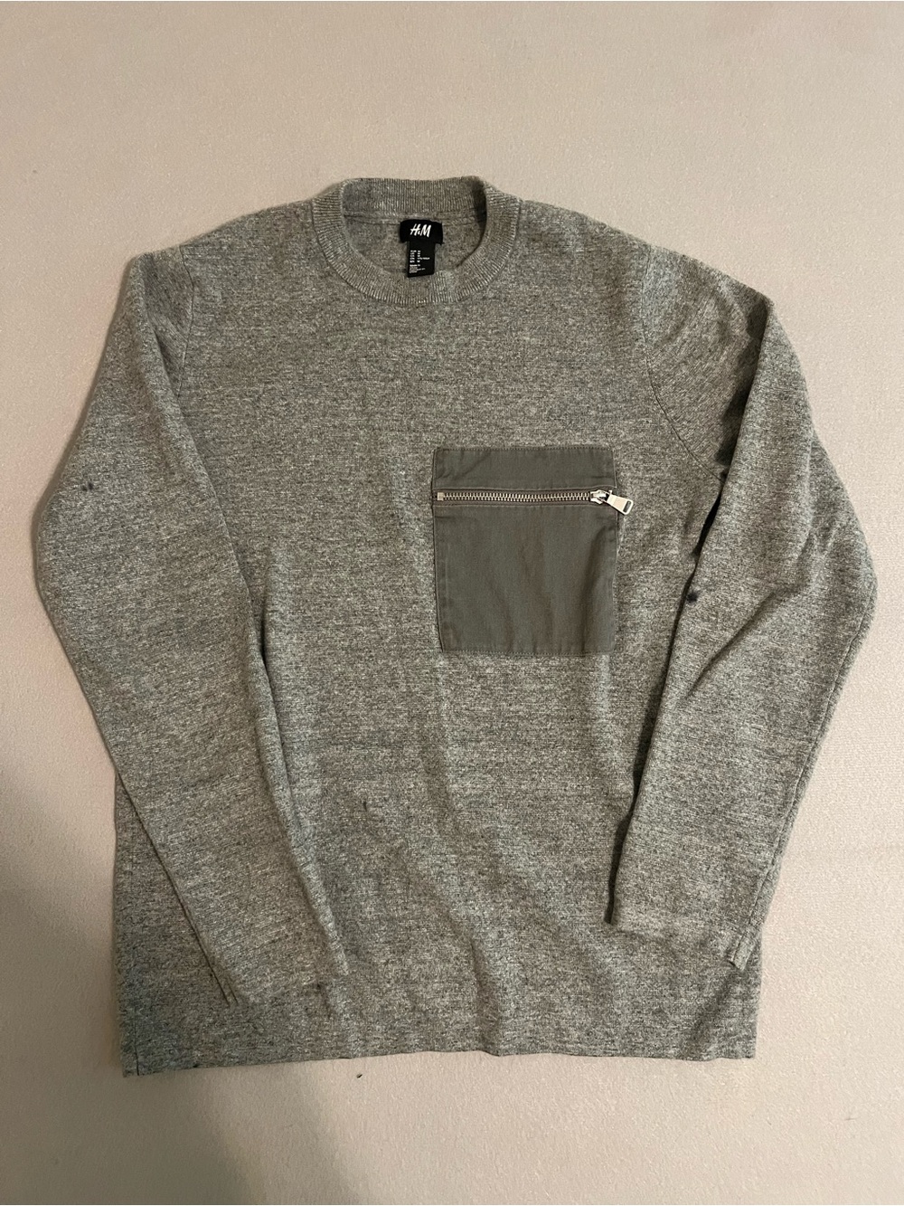 H&M Men's Heather Gray Crewneck Sweater with Zip Chest Pocket